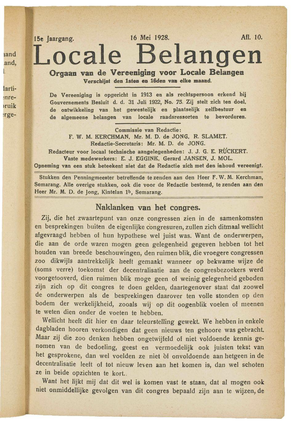 15e Jaargang. 16 Mei 1928. Afl. 10. Locale Belangen Orgaan van de Vereeniging voor Locale Belangen Verschijnt den Isten en 16den van elke maand.