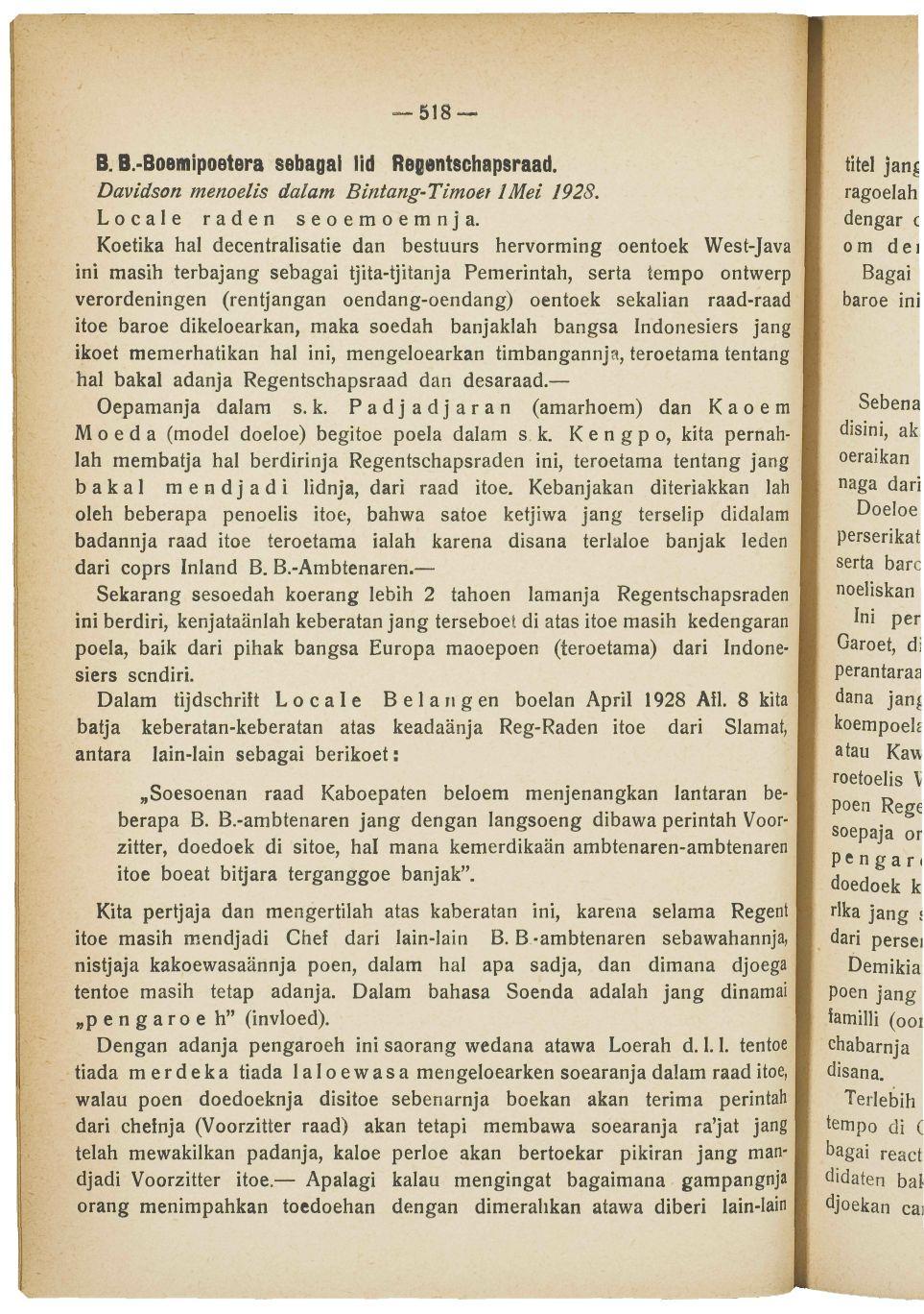 518 B. B.-Boemipoetera sebagai lid Regentschapsraad. Davidson menoelis dalam Bintang-Timoet IMei 1928. Locale raden seoemoemnja.