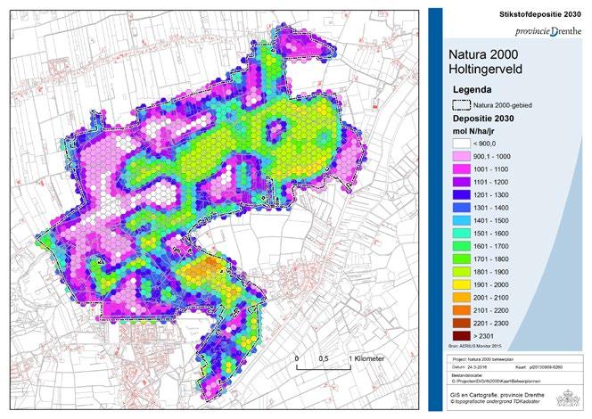 Figuur 5.4. Stikstofdepositie Natura 2000-gebied Holtingerveld in 2030 (Bron: Aerius Monitor 15) 5.2.2 Depositie versus KDW Het Programma Aanpak Stikstof onderscheidt vier categorieën in de depositieniveaus (figuur 5.
