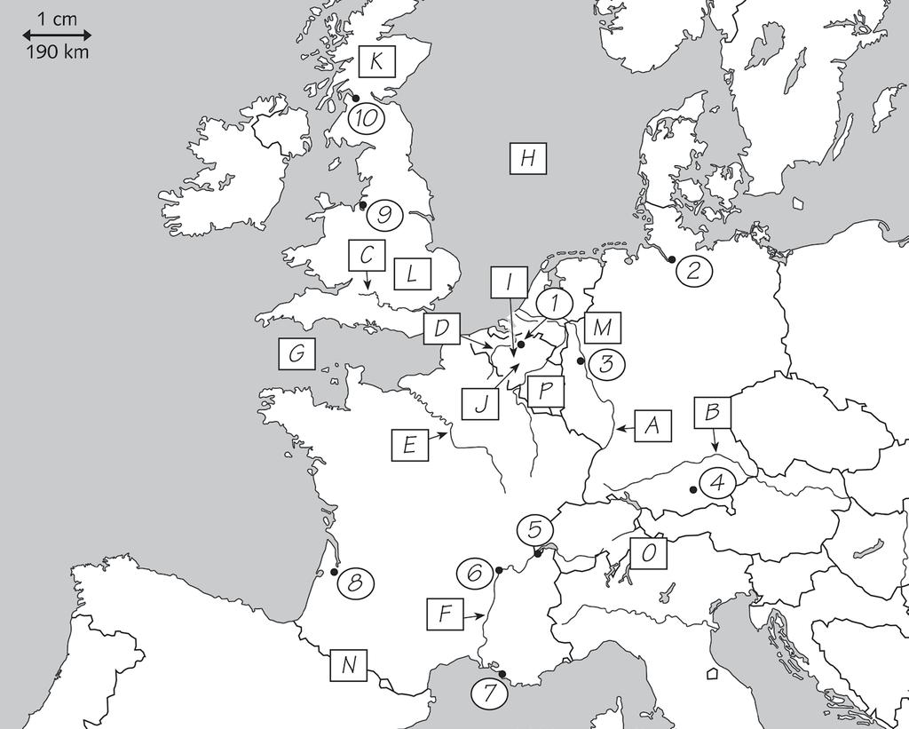 Kopieerblad topografie Ω West-uropa Ω blad Welke wateren, gebieden en gebergten liggen bij de