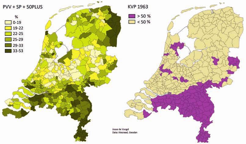18 Zicht op verschil Aandeel stemmen voor PVV, SP en 50PLUS 2017 (links) en gemeenten waar de KVP in 1963 een meerderheid behaalde (rechts).