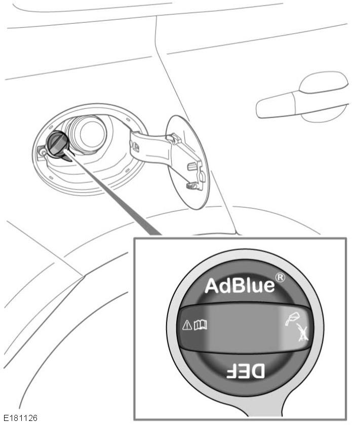 Vloeistofpeilcontroles De vuldop voor AdBlue (DEF) bevindt zich aan de binnenkant van de tankdopklep. Zie 261, ADBLUE (DIESEL EXHAUST FLUID, DEF).