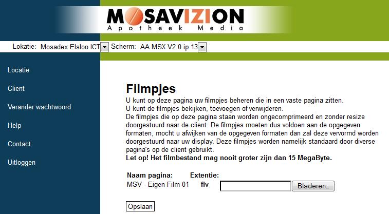 3.6 Fullscreen eigen film Wanneer u zelf een filmpje wilt toevoegen aan de MosavIZIon gaat u als volgt te werk. Kies via het kopje Client voor de optie Fullscreen eigen film.