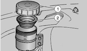 4 Maintenance / 4 Onderhoud 04_11 FRONT BRAKE FLUID TOP-UP Unscrew and remove the cap (1). Remove the gasket (2). CAUTION DO NOT EXCEED THE "MAX" LEVEL MARK WHEN TOPPING UP.