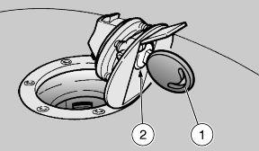 03_01 Refuelling (03_01) To refuel: Introduce the key (1) in the fuel tank cap lock (2). Turn the key clockwise, pull and open the fuel cap. Characteristic Fuel tank capacity 14 + / - 0.5 l (3.