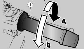 03_12 To downshift: Release the throttle grip (1) (Pos. A). If necessary, operate the brake levers slightly and speed down the vehicle.