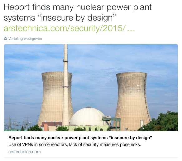 Setting the Scene : State of (in)security Chatham House report (5 oct 2015): The researchers found that many nuclear power plant systems were not "air gapped" from the Internet and that they had