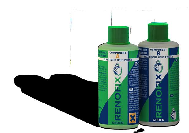 RENOFIX Groen 2 Componenten impregneervloeistof op basis van epoxy. Toepassing: Verstevigen van houtconstructies. Voor gebruik als primer in combinatie met Renoflex Groen en Renobond Duo.