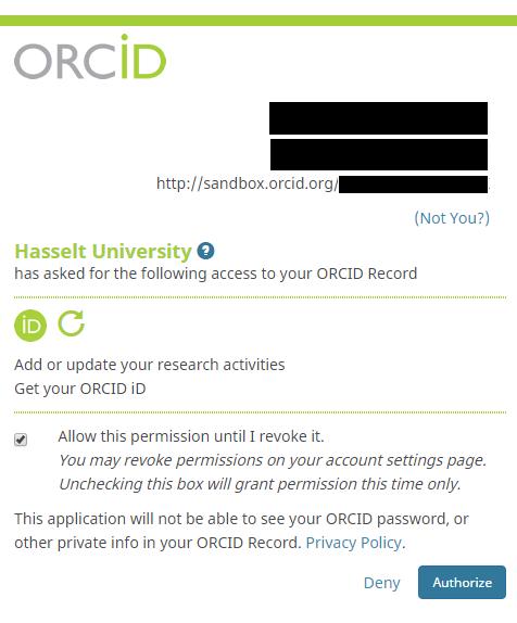 o Gelieve in dit geval na te kijken of uw naam en ORCID kloppen. Indien niet, klik dan op Not you?