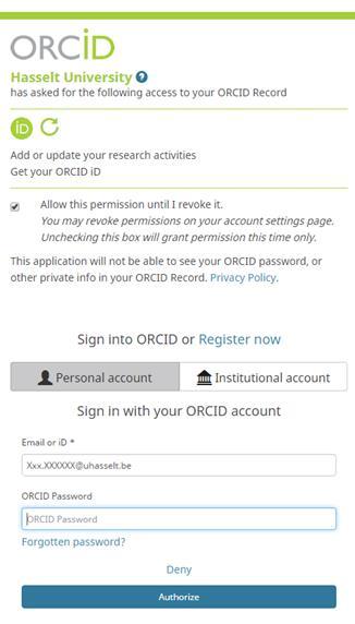 Indien u op Deny klikt, wordt uw ORCID niet geregistreerd in uw Academisch Dossier.