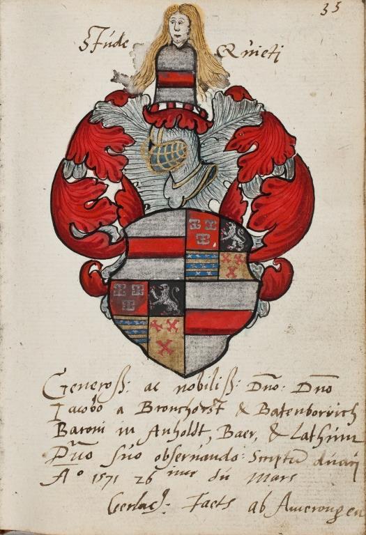 P 071 fol 035r Gerlacus Taets ab Amerongen, Douai 1571. Gerlach Taets van Amerongen. die den 22. Sept. 158 Gevierendeeld, 1 en 4.