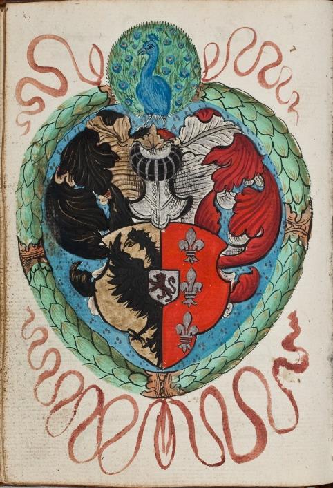 in goud drie rode schuingekruiste leliekruisen. P 068 fol 037v en 38r Leo a Vitsma, Parijs 1 april 1571. Lees: Feytsma.