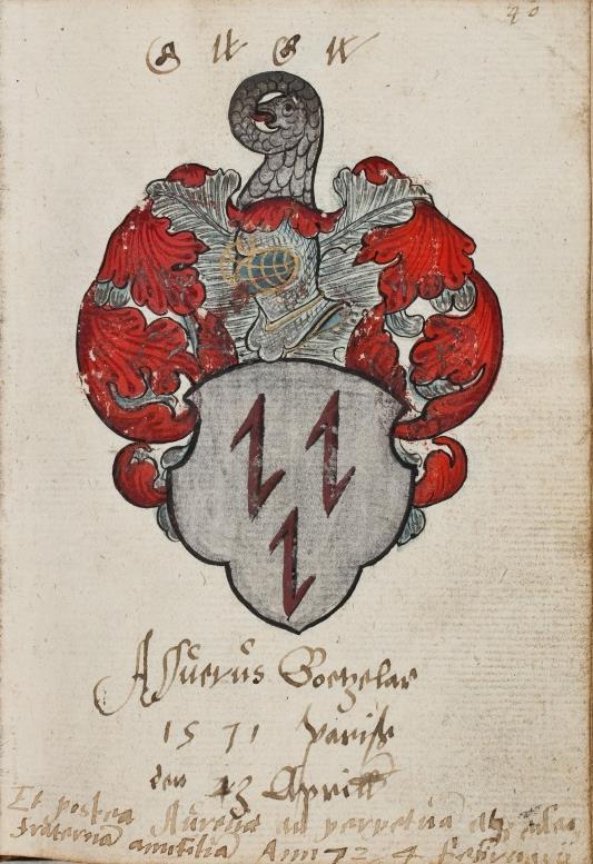 P 067 fol 39r Joannes a Tinnen, Parijs 20 april 1571. Johan van Tinnen. In zilver een rode gekanteelde dwarsbalk.