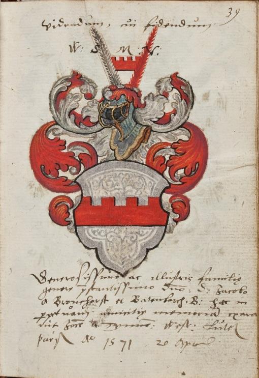 dwarsbalk van het schild. Dekkleden: rood en zilver. P 066 fol 040r Assuerus Boetzelar, Parijs 13 april 1571.