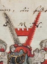 Helmteken: een zilveren spiraalvormig opgerolde drakenhals, eindigend in een roodgetongde kop.