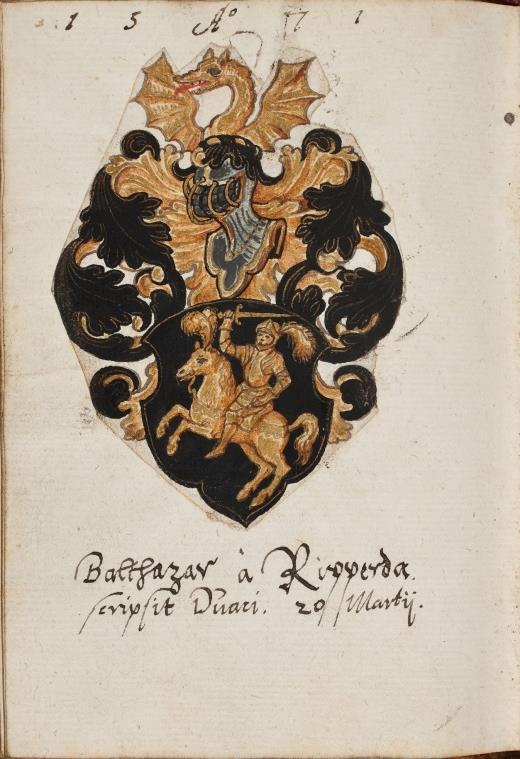 P 040 fol 95r Joannes Jacobus Breytbach, Orléans 8 april 1571. Resten van een ingeplakt wapen. N.B. Misschien adellijke geslacht Breydbach met als wapen: in zilver een rode draak.