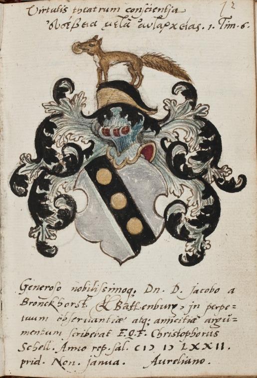 P 026 fol 072r Christophorus Schell, Orléans 4 januari 1572. In zilver een zwarte schuinbalk, beladen met die gouden besanten.