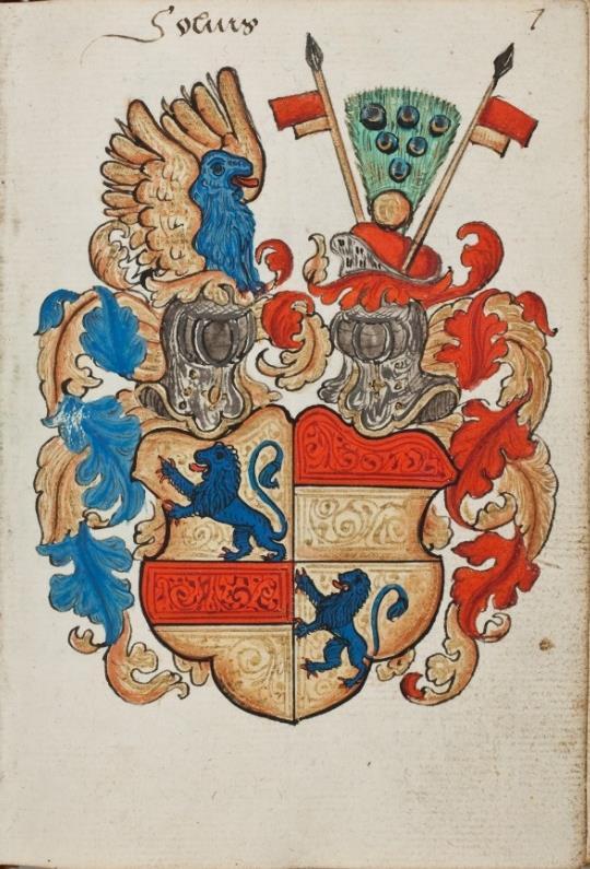 P 092 fol 007r Otto Graf von Solms [KB =Sonnenwalde], heer van Münzenberg und Sonnenwalde. Gevierendeeld, 1 en 4. in goud een blauwe leeuw, rood getongd en genageld SOLMS), 2 en 3.