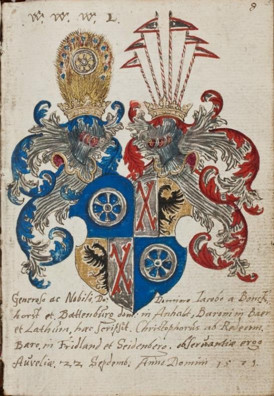baro/freiherr in Fridland et Seidenberg, Orléans 22 september 1571. Von Rädern/Rödern, Friedland und Seidenberg. Gevierendeeld, 1 en 4. in blauw een zilveren rad (Von REDERN/Von RÖDERN), 2.