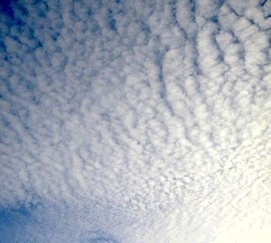 Figuur 8. Altocumulus Altostratus (As) Een wolkenlaag met een grijs of blauwachtige kleur en een vezelig of effen uiterlijk. Het bedekt meestal de gehele hemel.