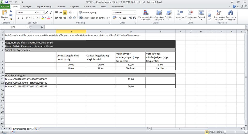 In de Excel tabel krijg je een totaaloverzicht van alle ingezette typemodules en alle jongeren.