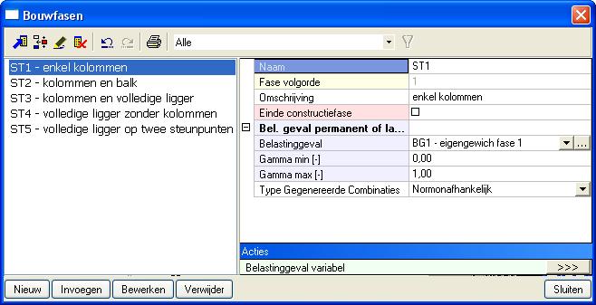 De definitie van een bouwfase bestaat uit het toekennen van een naam, beschrijving en belastingsgeval(len) aan die bepaalde fase.