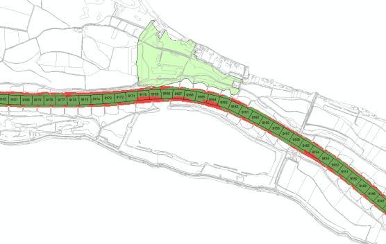 Figuur 16 Ligging van de gebieden waar de bodemligging na uitvoering van de maatregel Elst boven (roze) en onder (groen) de bodemligging bij een vaardiepte van 4,9 m ligt.