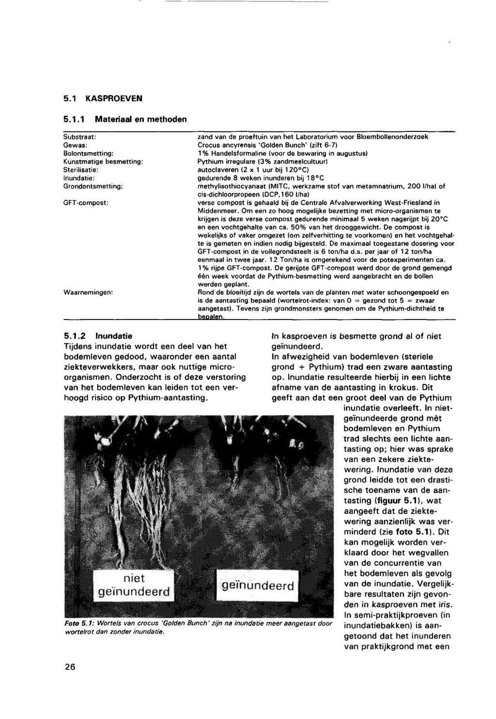 5.1 KASPROEVEN 5.1.1 Materiaal en methoden Substraat: Gewas: Bolontsmetting: Kunstmatige besmetting: Sterilisatie: Inundatie: Grondontsmetting: GFT-compost: Waarnemingen: zand van de proeftuin van