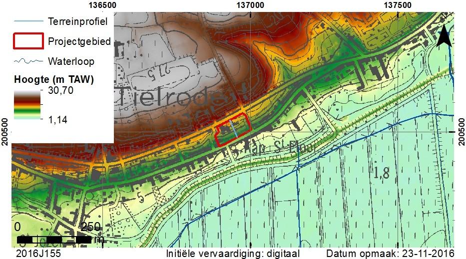 Fig. 7. Situering op de topografische kaart en het DHM (GDI-Vlaanderen 2006; AGIV WMS). Fig. 8. Terreinprofiel (zie fig. 7). 2.2.1.3.