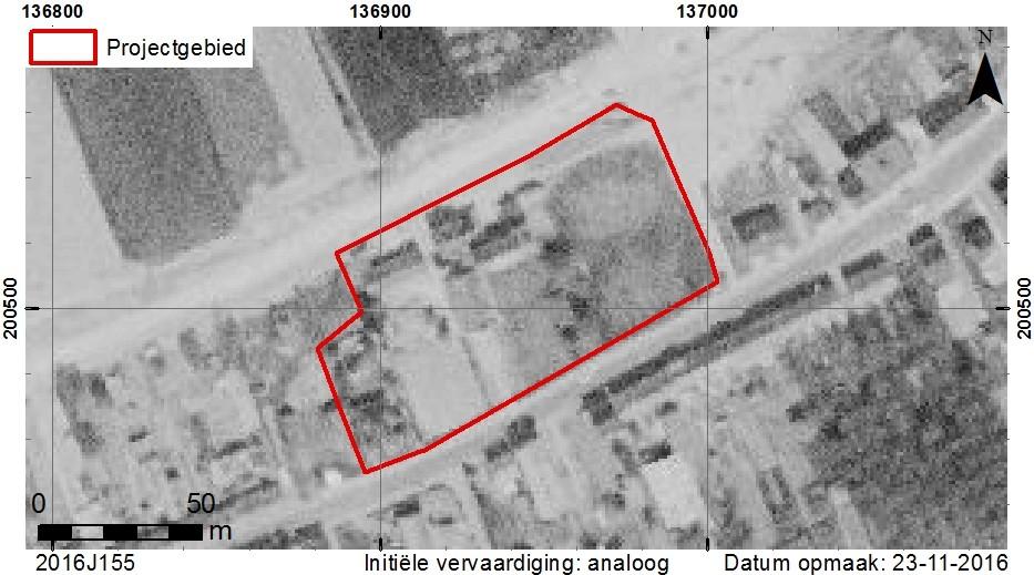 Fig. 20. Situering op een luchtfoto uit 1971 (AGIV WMS). Het oostelijke deel van het projectgebied werd later beplant met bomen en voetpaden werden aangelegd.