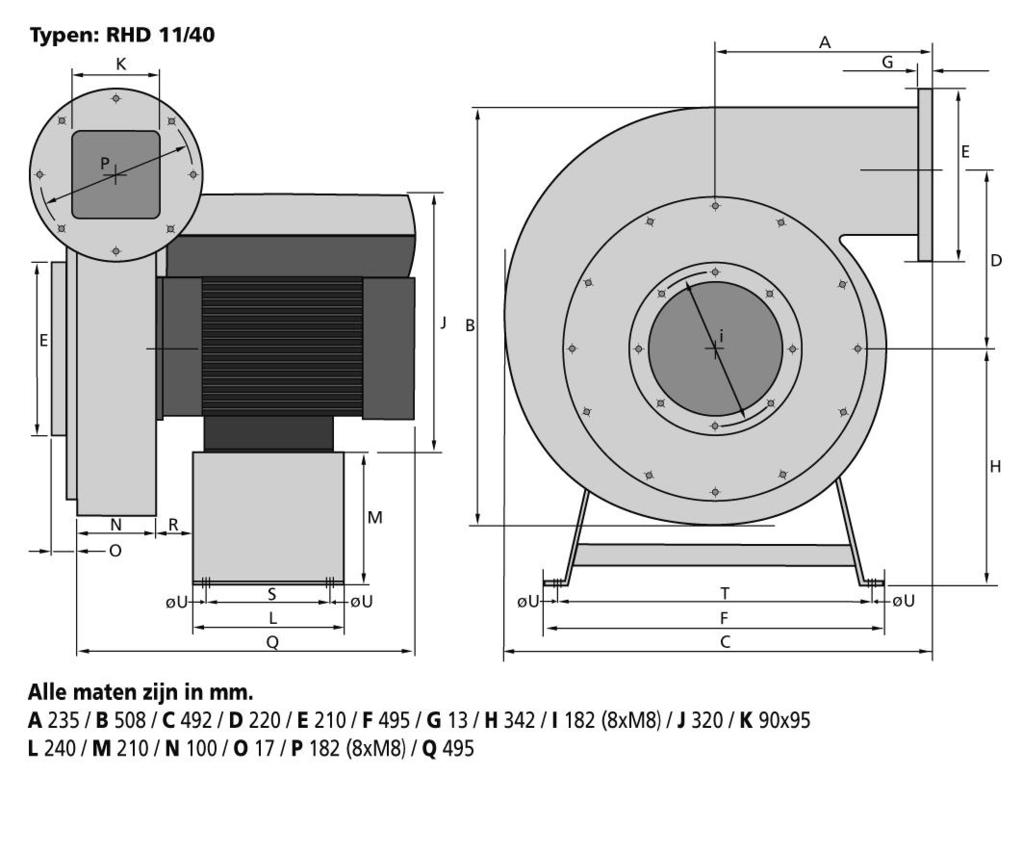 RHD 11/40 / R 30 / S 180 / T 435 / U 4x 11 Deze hoge druk ventilator is uitgevoerd met een motor met opgebouwde frequentieregelaar 100 Hz.