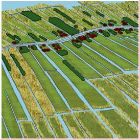 Natuurgebieden en agrarische linten Het eerste model: Natuurgebieden en agrarische linten (figuur 9) is gebaseerd op een 3 peilvakkenstrategie, op de historische kades in het gebied en op de