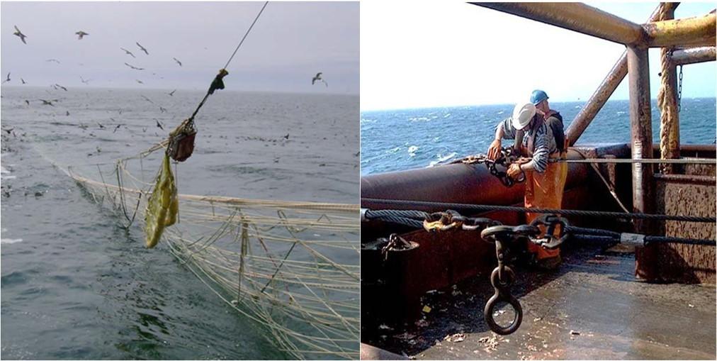 De trawlsonar (links) en het inpikken van de haken van de kabels (rechts). De nettenrol wordt weer verder gevierd zodra alle haken zijn ingepikt.