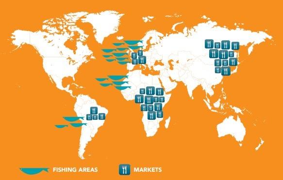 De voornaamste visgronden (fishing areas) en afzetmarkten (markets) van de pelagische vloot. W.