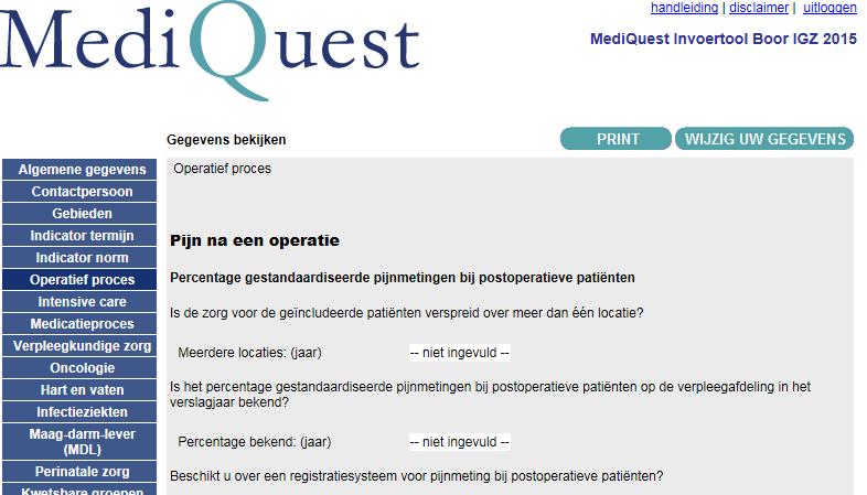 Figuur 8: de ziekenhuisnormen per indicator kunnen in de indicator norm pagina ingesteld worden Vragenlijst Bij het rapporteren van uw gegevens verzoeken wij u om de basisset Prestatie indicatoren