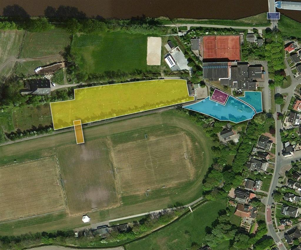 1.2.3 Gewenste nieuwe situatie Geel: ijsbaan; parkeerterrein Oranje: doorgang naar voetbalveld Blauw: speel- en belevingspark Roze: pannakooi Paars : balkon bij het kanaal Figuur 3: schets gewenste