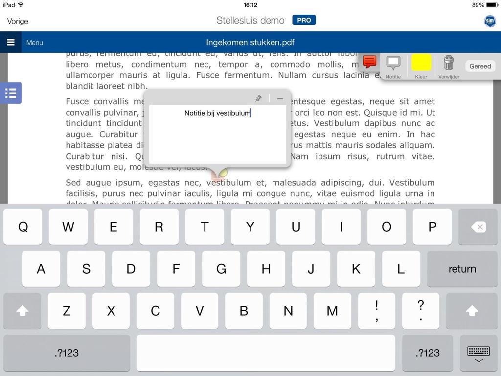 4.10. Notitie toevoegen in document Tikt u op Notitie, dan opent een venster met de mogelijkheid om tekst in te voeren.
