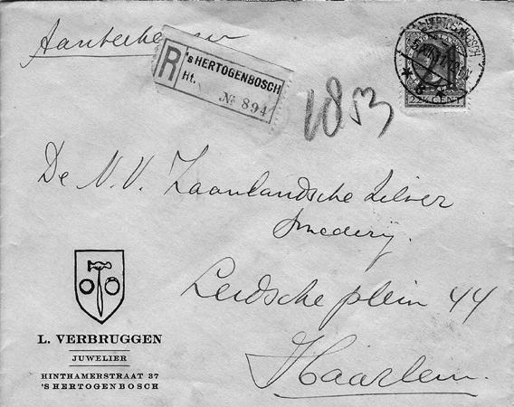 afb. 5 Aangetekende brief van 's-hertogenbosch naar Haarlem d.d. 5.12.1931. Tarief: brief 6 cts, aantekenrecht 15 cts. NVPH 224: hulpzegel; opdruk 21 op 22½ cts.