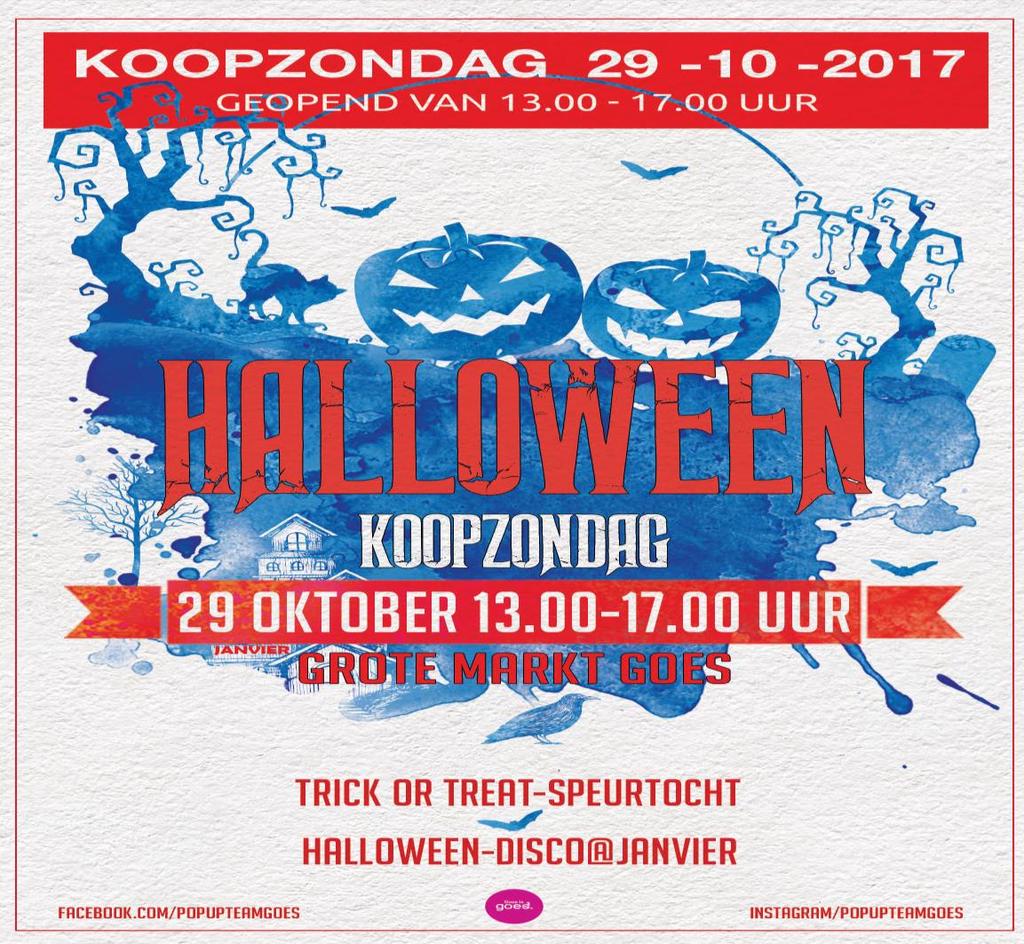 - Halloween Koopzondag 29 oktober a.s. Een nieuw evenement in de binnenstad Halloween!! Deze koopzondag op 29 oktober staat compleet in het teken van Halloween met o.