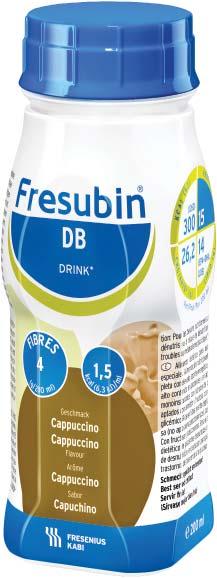Fresubin DB Drink 1,5 kcal/ml Volledige of aanvullende energierijke (1,5 kcal/ml) en en eiwitrijke drinkvoeding, rijk aan mono-onverzadigde vetzuren, met MCT, met visolie, met vezels.