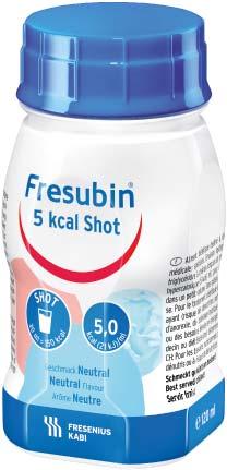 Fresubin 5 kcal Shot 5 kcal/ml Zeer energierijk (5 kcal/ml) vetsupplement in een klein volume. Flesje van 120 ml. Neutraal, citroen.