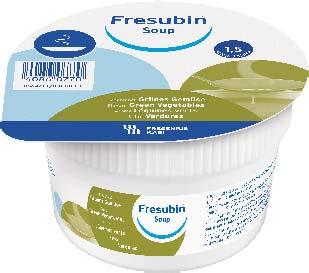 Fresubin Soup 1,5 kcal/ml Hartige, aanvullende energierijke (1,5 kcal/ml) drinkvoeding. Cup van 200 ml. Groene groenten, tomaat. Voor patiënten met verhoogde energiebehoeften. Purinevrij.
