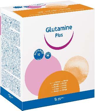 Glutamine Plus Oraal voedingssupplement rijk aan glutamine (10 g/zakje) en antioxidanten. Zakjes van 22.4 g. Sinaas.