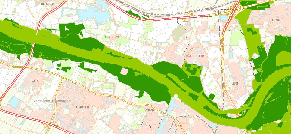 Natuur Het grootste deel van het plangebied dijkversterking Wolferen-Sprok valt binnen het Gelders Natuurnetwerk en de Groene Ontwikkelingszone, zoals weergegeven in afbeelding 3.2.