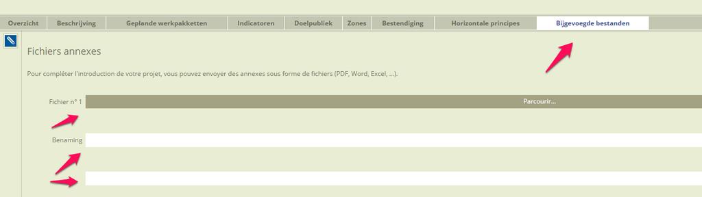 2.3. Bijgevoegde bestanden U kunt bestanden (Word, Excel, PDF, ) aan uw projectfiche toevoegen (onderzoeken, overeenkomsten, overlegdocumenten, financiële overeenkomsten, etc).