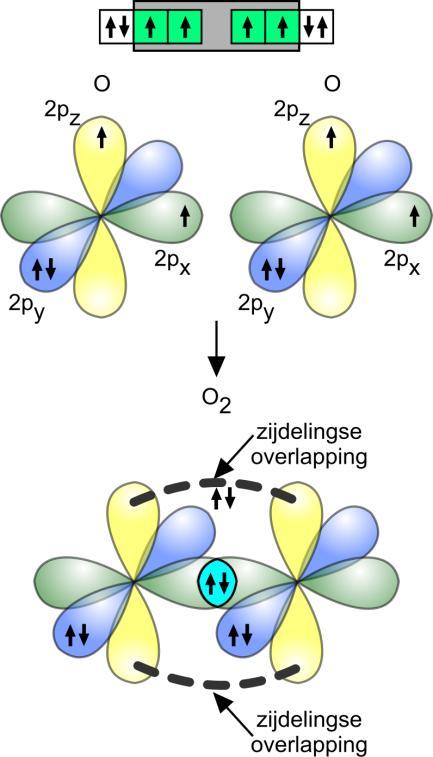 Dizuurstof 2 : Afb. 16 1s 2 2s 2 2p 4 1s 2 2s 2 2p 4 De p x -orbitalen overlappen elkaar rechtstreeks: er ontstaat een binding.