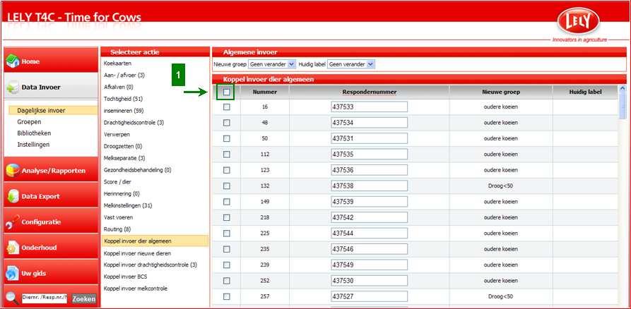 1.3 Snelle invoer Respondernummers Snelle invoer respondernummers: plaats een vinkje voor de dieren waarvan de respondernummers gekoppeld moeten worden, koppel het respondernummer aan het juiste