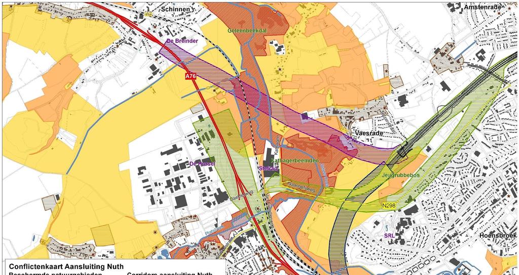 Inpassingsplan Buitenring Parkstad Limburg 2012 Afbeelding 3.7 Corridors zijn weergegeven op de conflictenkaart, met daarin gebieden en locaties die een beperking aan de tracés opleggen.