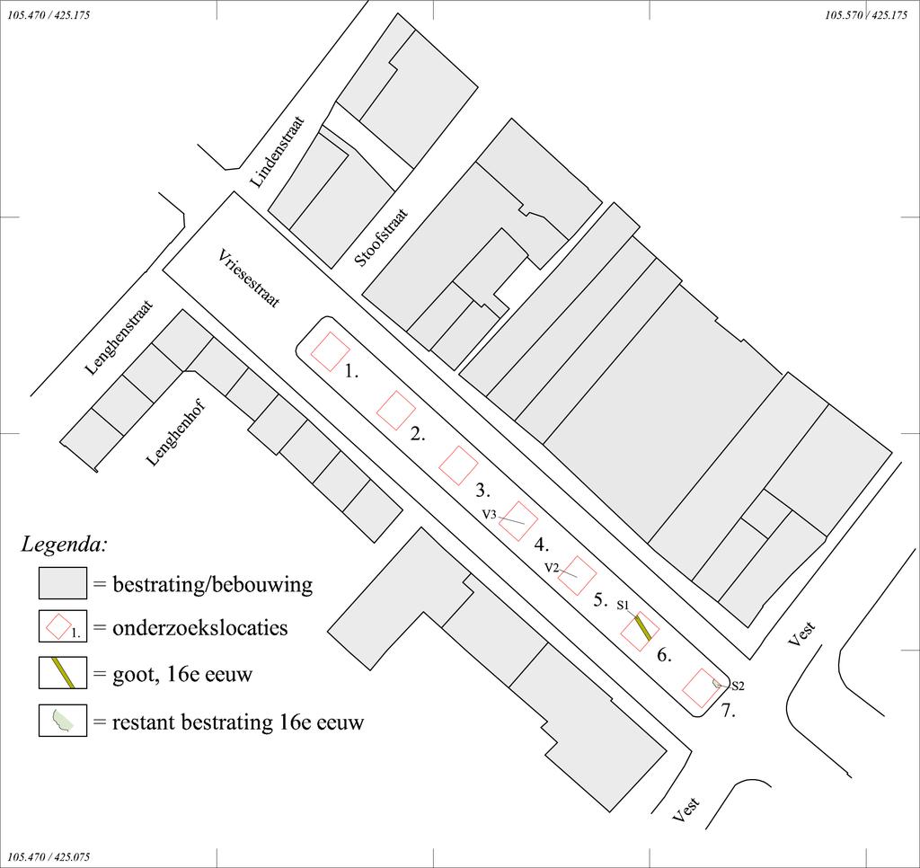 Dordrecht Ondergronds 50, Vriesestraat 5.2.2 Archeologie Tijdens het onderzoek zijn sporen aangetroffen uit de 16 e eeuw (afb. 9). Het gaat om een restant straatverharding en een goot.