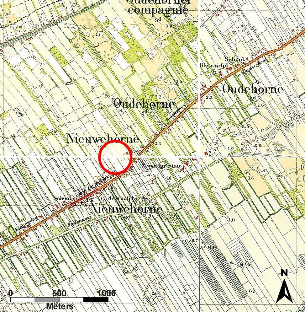 Figuur 6. Nieuwehorne, Uitbreiding Sportcomplex: Uitsnede van de Bonnekaarten zoals verkend in 1922. De ligging van het plangebied wordt aangegeven door de rode cirkel.